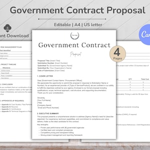 Puede incluir: Documento blanco titulado "Propuesta de contrato gubernamental" con el texto "Editable | A4 | US letter" y "Descarga instantánea". El documento tiene un logotipo de Canva e incluye secciones para la gestión de riesgos, el cronograma del proyecto y los apéndices.