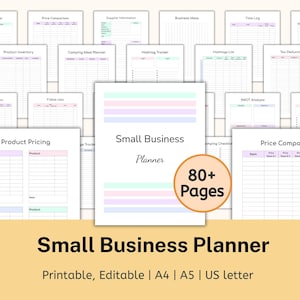 May include: A printable small business planner with 80+ pages. The cover features a pastel pink, blue, and green striped design with the text "Small Business Planner".