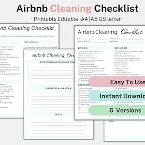 May include: A printable Airbnb cleaning checklist with sections for laundry, kitchen, bathroom, and bedroom. The checklist includes a section for reporting damage or missing items, reminders and low stock, and notes. The checklist is available in six versions and is easy to use. The text "Easy To Use", "Instant Download", and "6 Versions" is highlighted in pink, light blue, and green.