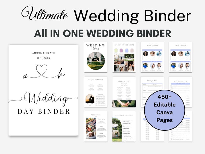 Wedding Day Binder Template Printable, Canva, Wedding Itinerary, Wedding Planner checklist, Wedding Day Timeline, Wedding Coordinator Binder image 1