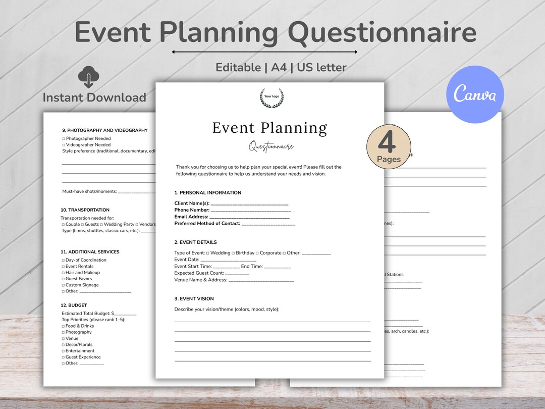 Event Insurance Questionnaire Editable Event Planning Questionnaire Template, Event Management ...