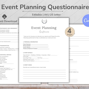 Può includere: Un questionario di pianificazione eventi bianco con il titolo "Event Planning Questionnaire". Il documento è modificabile e disponibile nei formati A4 e US letter. L'immagine include un logo Canva e le parole "Download istantaneo".