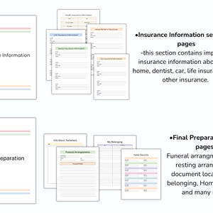 Pu&ograve; includere: Una raccolta di documenti cartacei bianchi intitolati "Informazioni assicurative" e "Preparazione finale". La sezione "Informazioni assicurative" comprende 9 pagine con dettagli su assicurazione casa, dentale, auto e vita. La sezione "Preparazione finale" ne ha 42 per le disposizioni funerarie.
