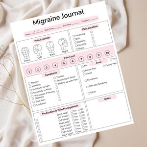 May include: A printable migraine journal with sections for tracking pain location, pain level, symptoms, aura, medication and pain management, and notes. The journal has a pink and white color scheme.