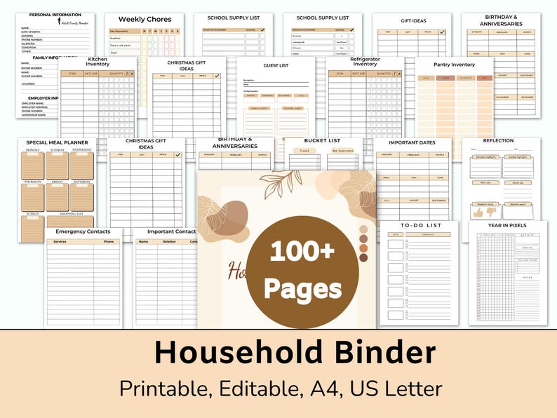 May include: A printable household binder with over 100 pages, featuring a variety of checklists, trackers, and planners. The binder is designed in a minimalist style with brown and beige accents. The text "100+ Pages" and "Household Binder" is featured on the cover.