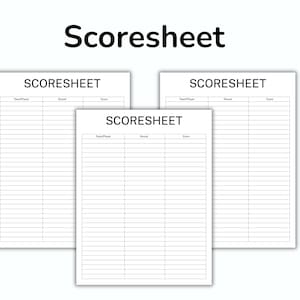 Puede incluir: Tres hojas de anotaci&oacute;n blancas con la palabra "Scoresheet" en la parte superior. Cada hoja tiene columnas para Equipo/Jugador, Ronda y Puntuaci&oacute;n. La palabra "Scoresheet" tambi&eacute;n est&aacute; escrita en letras negras grandes encima de las hojas.
