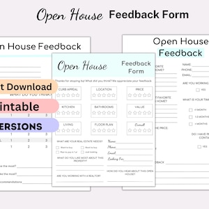 Puede incluir: Formulario de retroalimentación de casa abierta imprimible con secciones para el nombre, el teléfono, el correo electrónico y preguntas sobre la propiedad, la ubicación, el precio y la experiencia general. El formulario incluye un sistema de calificación con estrellas para diferentes aspectos de la propiedad.