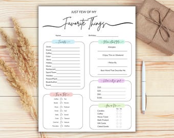 My Favorite Things Survey Questionnaire, All About Me Survey, Favorite Things List, Get To Know Me, Employee Favorites, About Me Template