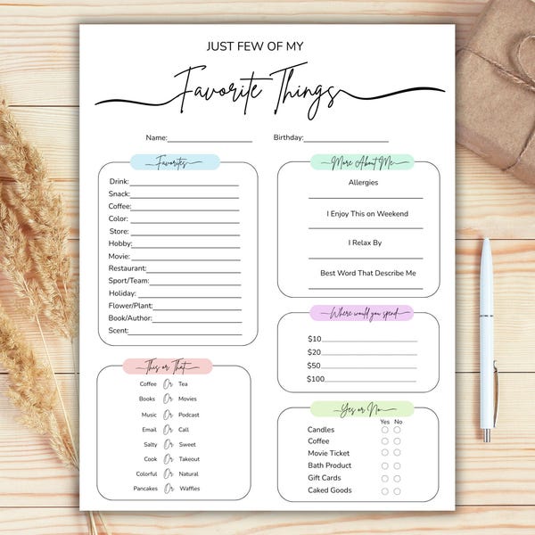 My Favorite Things Survey Questionnaire, All About Me Survey, Favorite Things List, Get To Know Me, Employee Favorites, About Me Template