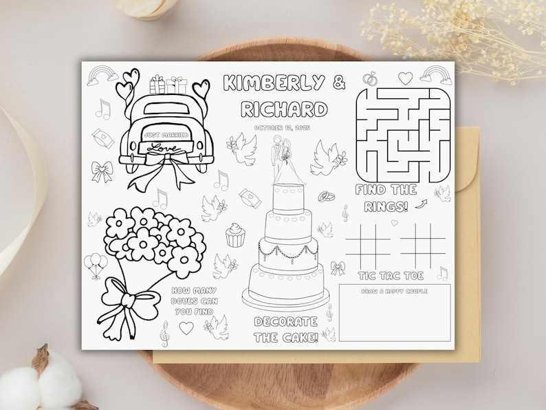 May include: Black and white wedding activity sheet with a car, flowers, cake, and maze. Text includes "Kimberly & Richard", "Find the Rings!", "Decorate the Cake!", and "Tic Tac Toe".