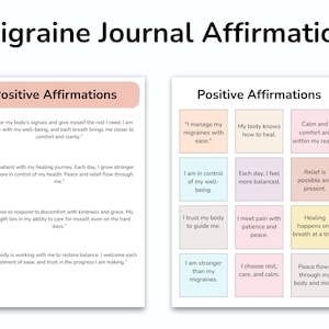 May include: A printable worksheet with positive affirmations for managing migraines. The worksheet is divided into two columns, each with a title "Positive Affirmations". The left column has four affirmations written in black text on a white background. The right column has nine affirmations written in black text on a colored background. The colors of the backgrounds are pink, light blue, and yellow.