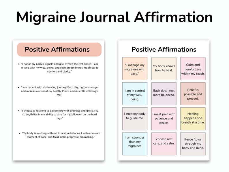 May include: A printable worksheet with positive affirmations for managing migraines. The worksheet is divided into two columns, each with a title "Positive Affirmations". The left column has four affirmations written in black text on a white background. The right column has nine affirmations written in black text on a colored background. The colors of the backgrounds are pink, light blue, and yellow.