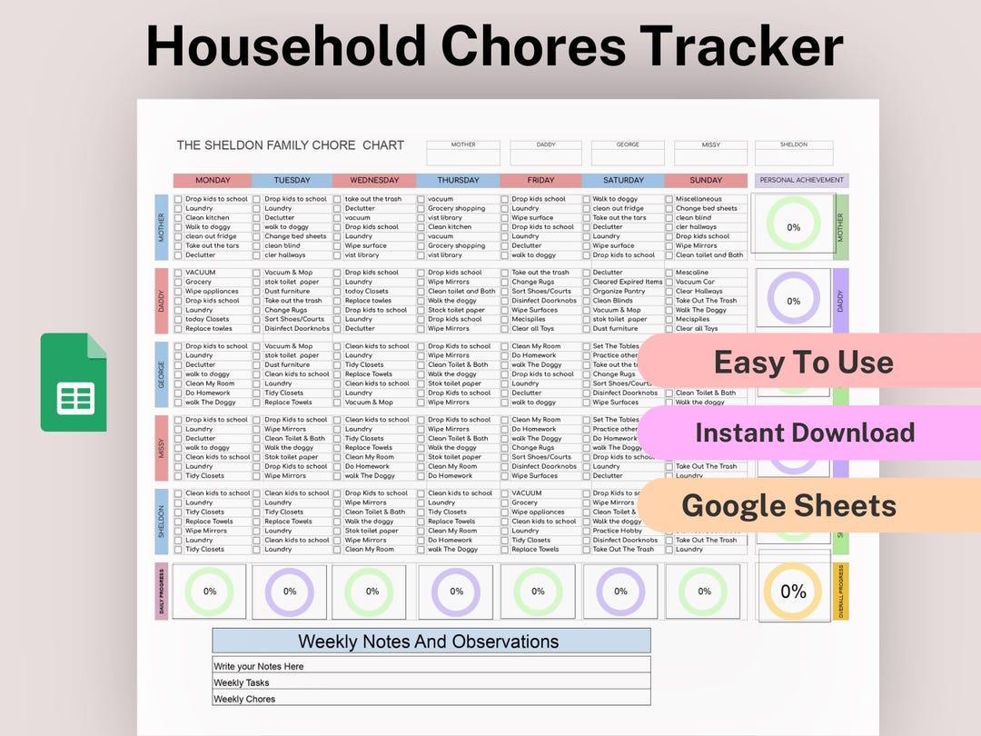Family Chore Chart Spreadsheet for Google Sheets, Family Chore Tracker ...