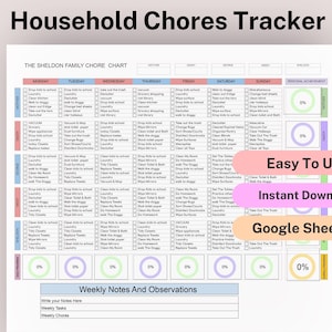 May include: A printable chore chart for a family named Sheldon. The chart is divided into days of the week and lists household chores. The chart is designed to be used with Google Sheets. The chart is pink, green, and blue.
