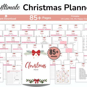 May include: A set of printable Christmas planner pages with a festive design. The pages include layouts for budgeting, to-do lists, and holiday planning. The title "Ultimate Christmas Planner" is displayed at the top, with the text "85+ Pages".
