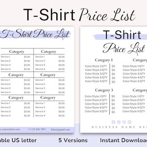 Può includere: Due modelli stampabili di listino prezzi T-Shirt. I modelli sono su carta bianca con un design acquerello viola chiaro nella parte superiore. Il testo include "T-Shirt Price List", categorie e tabelle dei prezzi. La parte inferiore dell'immagine dice "Editable US letter", "5 Versions" e "Instant Download".