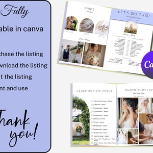 May include: A printable wedding planning checklist with a light green background and a purple and white floral design. The checklist includes sections for the bride, bridesmaids, groomsmen, ceremony entrance, and photo shot list. The text "Let's Do This!" is at the top of the page. The text "Canva" is in a purple circle at the bottom right corner of the page.