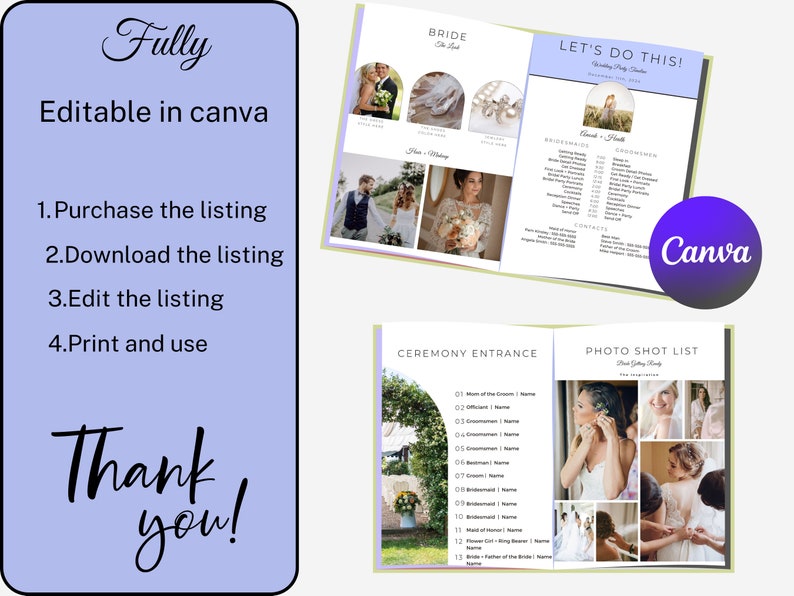 May include: A printable wedding planning checklist with a light green background and a purple and white floral design. The checklist includes sections for the bride, bridesmaids, groomsmen, ceremony entrance, and photo shot list. The text "Let's Do This!" is at the top of the page. The text "Canva" is in a purple circle at the bottom right corner of the page.