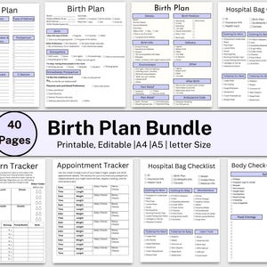 Puede incluir: Un paquete imprimible de plan de nacimiento con 40 páginas, que incluye secciones para detalles, información del nacimiento, alivio del dolor y una lista de verificación de la bolsa del hospital. También incluye un rastreador de recién nacidos y un rastreador de citas.