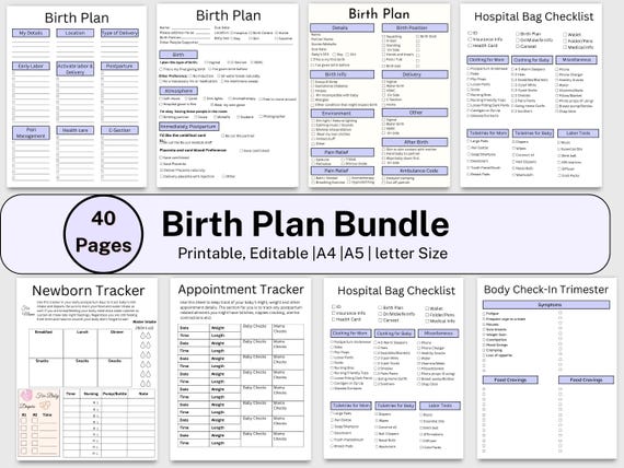 Birth Plan Checklist Printable Template Bundle, Birth Preferences, Labor and Delivery Plan, Birthing Plan, Pregnancy Diary, Canva Birth Plan