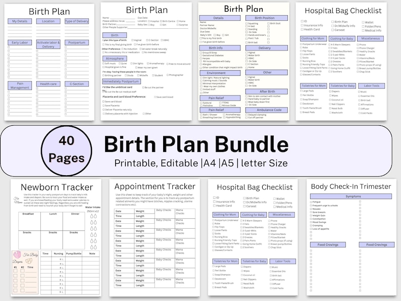 May include: A printable birth plan bundle with 40 pages, including sections for details, birth info, pain relief, and a hospital bag checklist. Also includes a newborn tracker and appointment tracker. The pages are in A4, A5, and letter sizes.