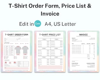 Puede incluir: Un conjunto de plantillas digitales para empresas de camisetas, que incluye un formulario de pedido, una lista de precios y una factura. Los formularios están diseñados para tamaños A4 y US Letter. El diseño presenta un fondo de acuarela pastel.
