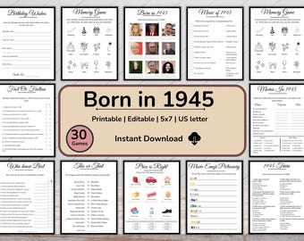 May include: A collection of printable party games with a beige background. The games include "Birthday Wishes", "Memory Game", "Born in 1945", "Music of 1945", "Fact or Faction", "Who Knows Best", "This or That", "Price is Right", "Movie Emoji Pictionary", and "1945 Trivia".