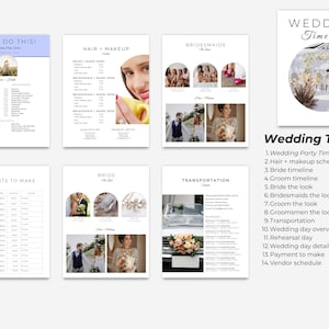 May include: A wedding timeline checklist with a white background and black text. The checklist includes items such as wedding party timeline, hair and makeup schedule, bride timeline, groom timeline, bride the look, bridesmaids the look, groom the look, groomsmen the look, transportation, wedding day overview, rehearsal day, wedding day detail schedule, payment to make, and vendor schedule.