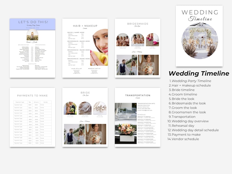May include: A wedding timeline checklist with a white background and black text. The checklist includes items such as wedding party timeline, hair and makeup schedule, bride timeline, groom timeline, bride the look, bridesmaids the look, groom the look, groomsmen the look, transportation, wedding day overview, rehearsal day, wedding day detail schedule, payment to make, and vendor schedule.
