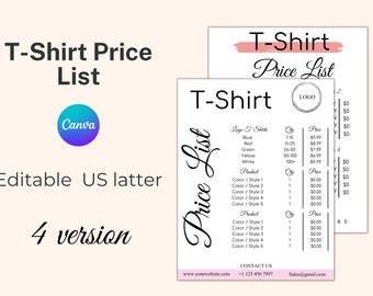 TSHIRT Price List Template, Price List, Shirt Order Form, Price Chart, Tshirt Pricing Guide, Tshirt Pricing, Price Sheet, Printable