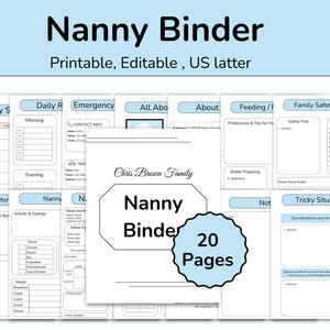 Classeur modifiable pour nounou, modèle de planificateur de nounou, guide de nounou, contrat de nounou, informations sur la baby-sitter, formulaires d'accord de nounou, cartable médical imprimable