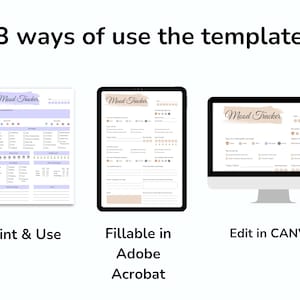 May include: An image showing three ways to use a mood tracker template. The options include printing, filling in Adobe Acrobat, and editing in Canva. The text "Mood Tracker" is visible on each display.