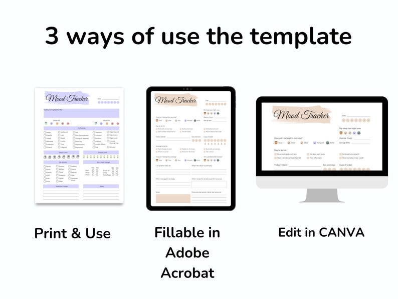 May include: An image showing three ways to use a mood tracker template. The options include printing, filling in Adobe Acrobat, and editing in Canva. The text "Mood Tracker" is visible on each display.