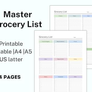 Master-Einkaufslisten-Vorlage zum Ausdrucken, einfache Einkaufsliste für Lebensmittel, Checkliste für Lebensmittel, Inventarliste, wöchentlicher Essensplaner und Einkaufsliste