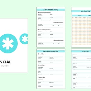 May include: A printable financial organizer with a blue and white star design. The organizer includes sections for bank information, credit card information, bill tracking, and utilities.