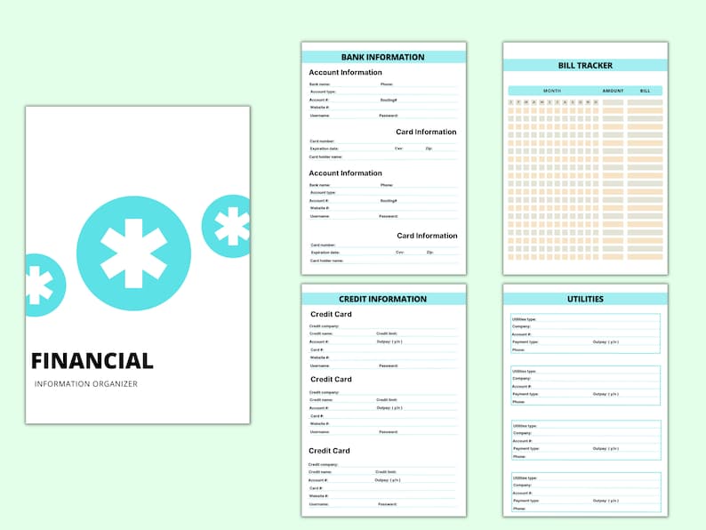 May include: A printable financial organizer with a blue and white star design. The organizer includes sections for bank information, credit card information, bill tracking, and utilities.