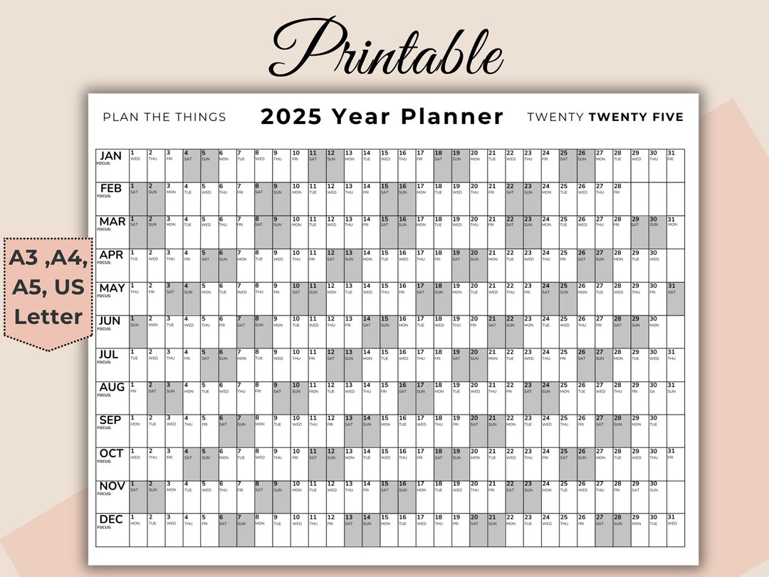 2025 Year Planner & Calendar Printable, 2025 Year at a Glance, Yearly