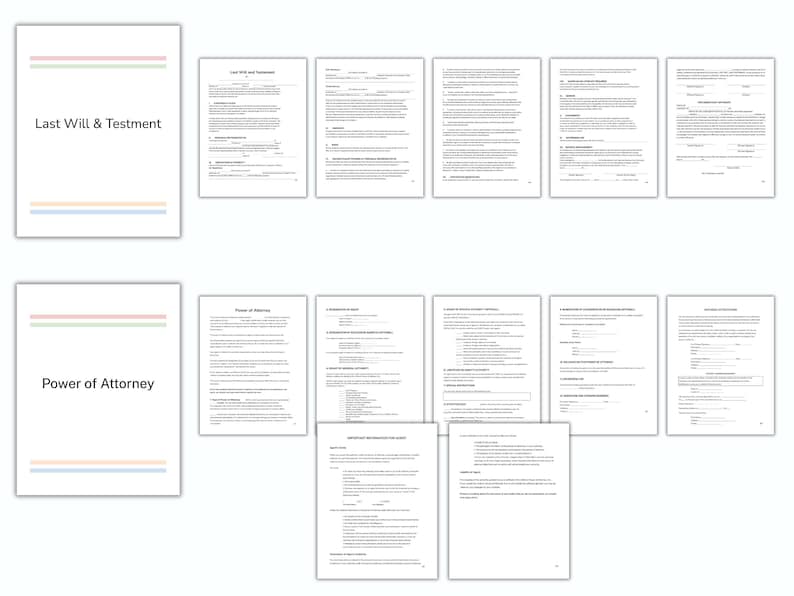 Pu&ograve; includere: Una raccolta di documenti legali, tra cui un "Testamento" e una "Procura", presentati su sfondo bianco. Ogni documento &egrave; una pagina stampata con testo. I titoli sono in grassetto, in nero.