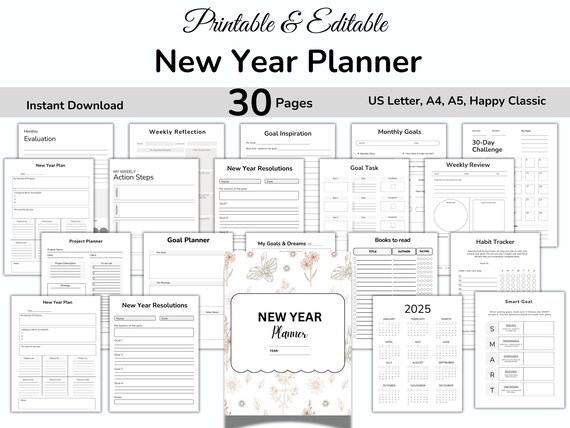 New Year's Resolution Planner, New Year Goals, 30 Day Challenge, New Year Planner, Habit Tracker, Smart Goal Setting, New Year’s Activities