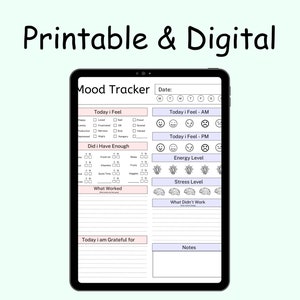 May include: A printable and digital mood tracker with sections for tracking feelings, energy levels, stress levels, what worked, what didn't work, and gratitude. It also includes a section for notes.