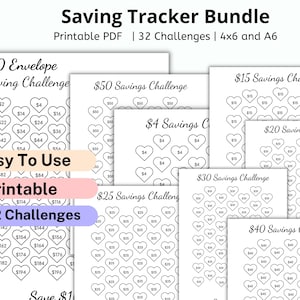 May include: A collection of printable saving tracker sheets with heart-shaped boxes for tracking savings. The bundle includes various challenges, such as a 100-envelope challenge, and is available in 4x6 and A6 sizes. The text includes "Easy To Use" and "Printable".