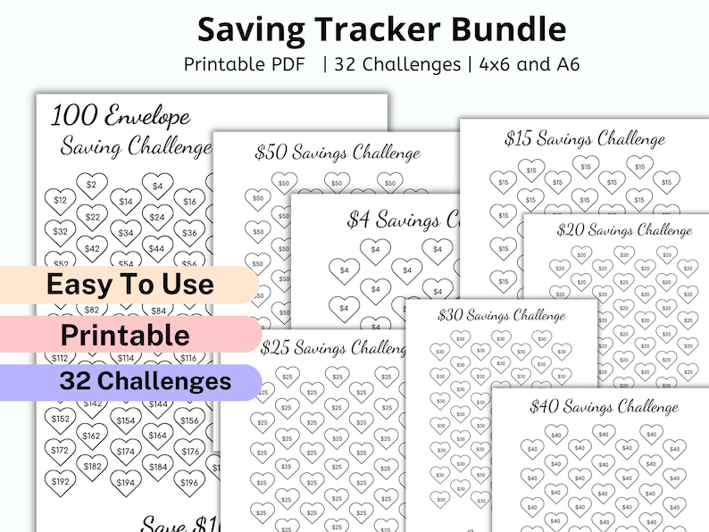 May include: A collection of printable saving tracker sheets with heart-shaped boxes for tracking savings. The bundle includes various challenges, such as a 100-envelope challenge, and is available in 4x6 and A6 sizes. The text includes "Easy To Use" and "Printable".