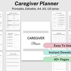 May include: A black and white printable caregiver planner with 40+ pages. The planner includes sections for monthly and weekly planning, personal information, medication tracking, hospital visits, eye care visits, period tracking, calorie tracking, blood sugar tracking, and migraine tracking. The planner is easy to use and can be downloaded instantly.