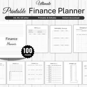 Pode incluir: Um planejador financeiro imprimível preto e branco com 100 páginas. O planejador inclui seções para pagamentos de dívidas, assinaturas, fundos de emergência, verificações semanais, pagamentos de hipotecas e rastreadores de dívidas. O planejador está disponível nos tamanhos A4, A5 e carta dos EUA.