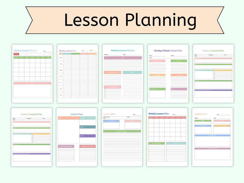 May include: A set of printable lesson plan templates in various formats, including weekly, subject, and Sunday school lesson plans. The templates feature a colorful pastel color scheme with pink, blue, green, and yellow accents.