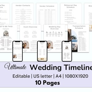 May include: A printable wedding timeline planner with 10 pages, including sections for the wedding day schedule, vendor contacts, vendor schedule, rehearsal day schedule, wedding party, event overview, wedding day overview, and transportation schedule. The planner is editable and available in US letter and A4 sizes.
