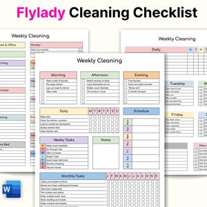 Op de afbeelding: Een printbare schoonmaakchecklist met een roze, groene en blauwe kleurschema. De checklist is onderverdeeld in secties voor wekelijkse, dagelijkse en maandelijkse schoonmaaktaken. De checklist bevat secties voor "Ochtend", "Middag", "Avond", "Voor het slapengaan", "Wekelijkse taken", "Notities", "Schema" en "Maandelijkse taken".