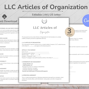 Puede incluir: Tres documentos blancos de tamaño A4 titulados "Artículos de Organización de la LLC". Los documentos están etiquetados como "Editable" y "Descarga instantánea". El texto "3 páginas" y un logotipo de Canva son visibles.
