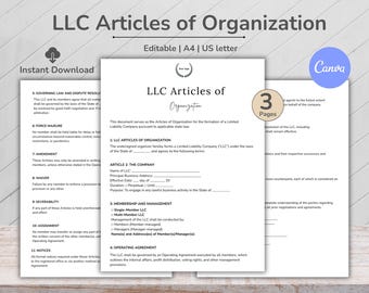 May include: A stack of three white LLC Articles of Organization documents. The documents are labeled "Editable | A4 | US letter" and "Instant Download." The documents have the text "LLC Articles of Organization" at the top.