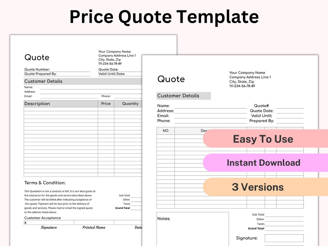 PRICE QUOTE TEMPLATE, Editable Quotation Form, Price Offer Document for ...